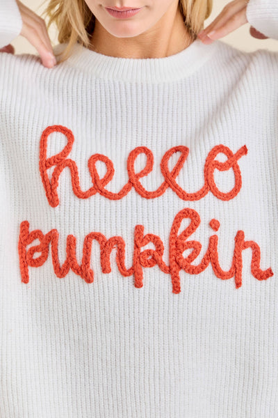 Hello Pumpkin Embroidered Knit Sweater – Fall Cozy Pullover: OFF WHITE