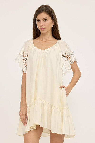 Crochet Lace Sleeve Dress - CREAM