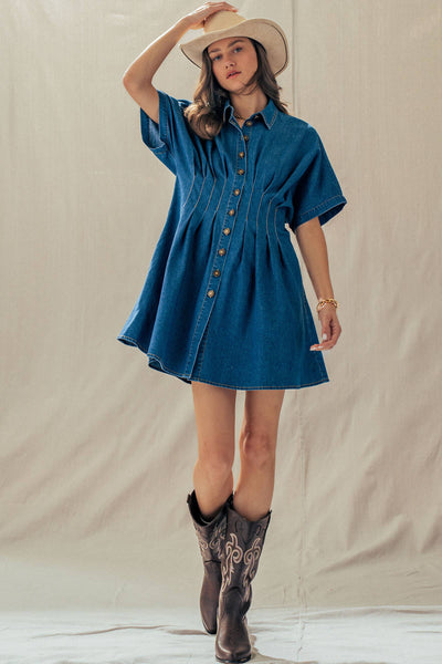 Tailored Waist Short Sleeve Denim Shirtdress: DENIM BLUE / S-M-L:2-2-2