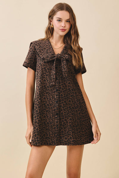 Leopard Wash Oversized Sailor Collar Tied Dress: Brown