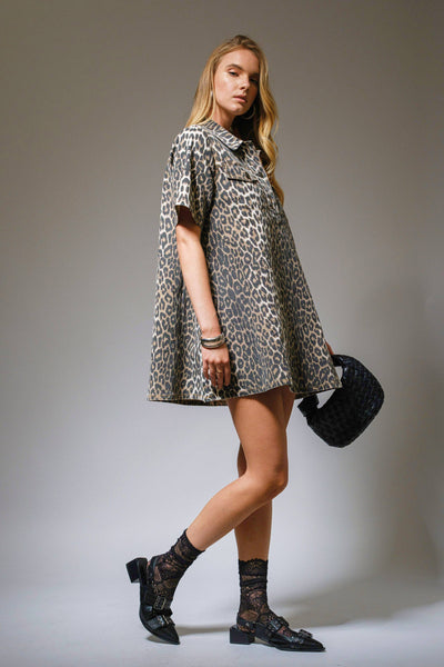 Leopard Print Button-Up Denim Dress: LEOPARD