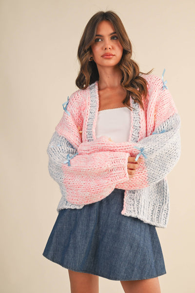 COLORBLOCK RIBBON DETAILED CHUNKY CARDIGAN: Pink