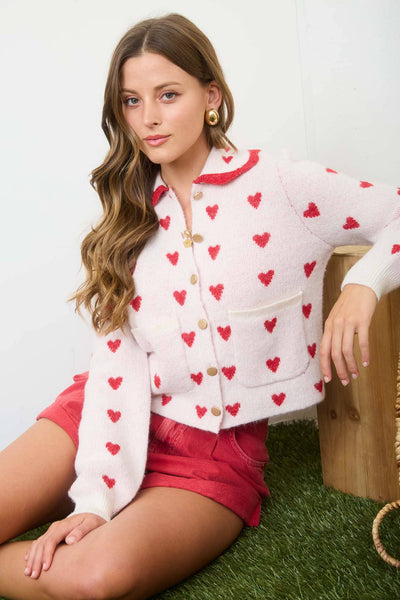 HEART PATTERN SCALLOP COLLAR BUTTON DOWN CARDIGAN: CREAM