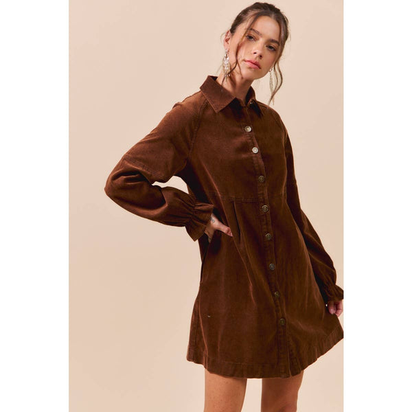 WASHED CORDUROY BUTTON DOWN SHIRT MINI DRESS: BROWN