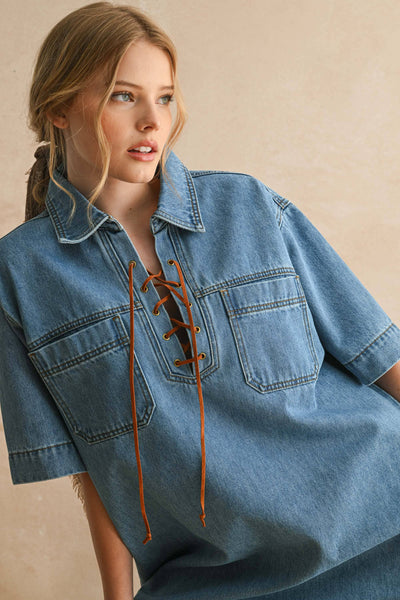 SUEDE LACE UP DENIM SHIRT DRESS: DENIM