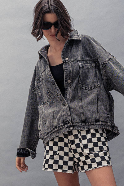 Oversized Button Up Pleated Back Western Jacket: Black