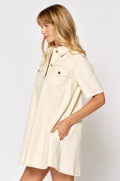 ILD4879 SHORT SLEEVE BUTTON DOWN SHIRT DRESS: CREAM / MEDIUM