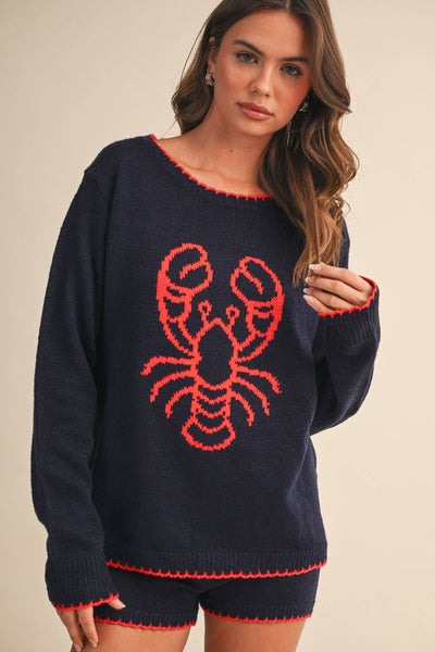 LOBSTER PRINTED KNIT TOP AND SHORTS SET: NAVY/RED