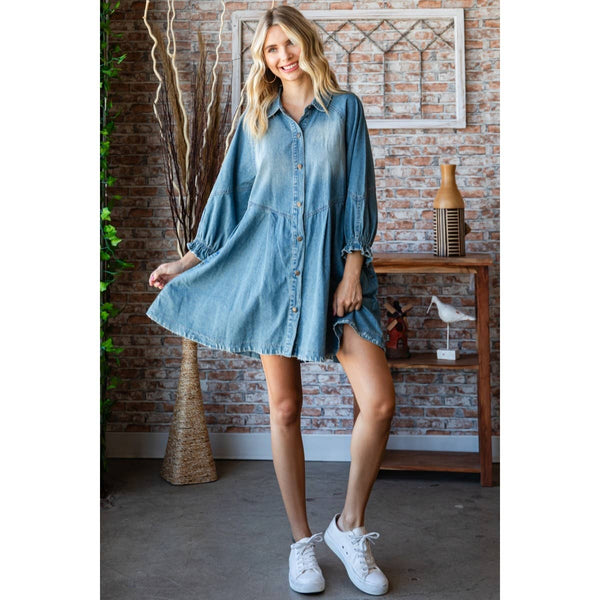 Overfit Button Down Denim Shirt Dress: Black