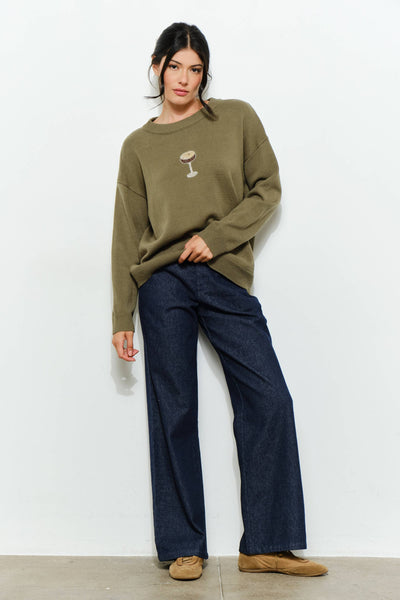 PERRI MARTINI BEADED SWEATER - Cozy, Oversized: Olive