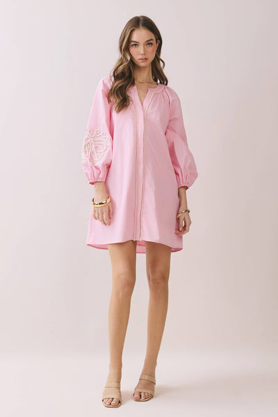 Embroidered Sleeve Baby Doll Button Down Mini Dress: BABY PINK