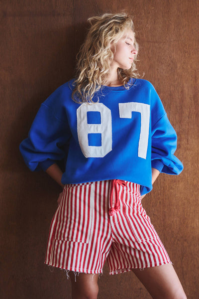 "87" Graphic Balloon Sleeve Oversized Sweatshirt: Blue