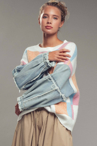 Checkered Knit with Denim Sleeves Crewneck Sweater: PINK COMBO