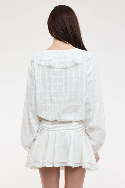 CHECKED PATTERN WIDE COLLAR FRILL LACE MINI DRESS: WHITE