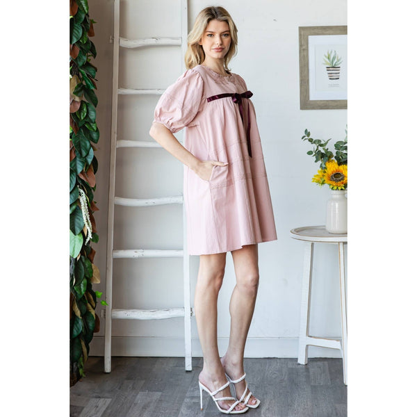 SHORT SLEEVE RIBBON DETAIL SQUARE NECK DRESS: Mauve