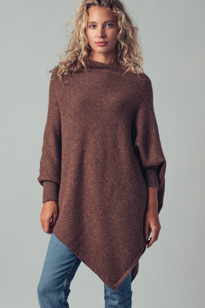 Shimmer Asymmetric Hem Knit Poncho: Brown