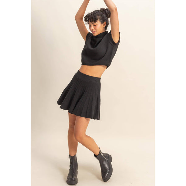 Turtleneck Top And Pleated Skirt Set: BLACK