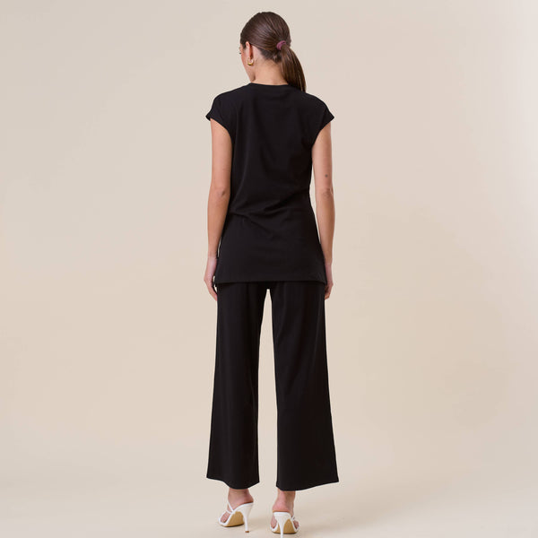 Gathered top & pants set with gold brooch: BLACK