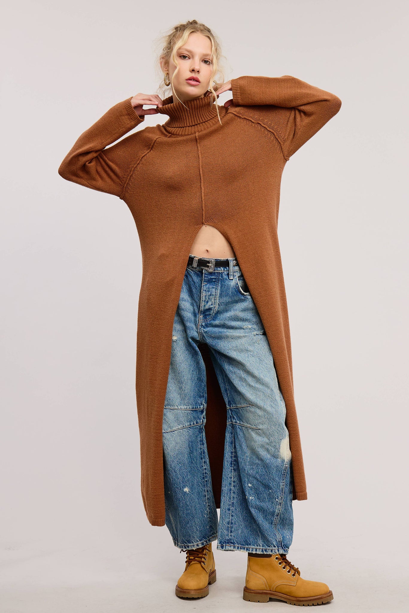 tunic sweater dress SEAM DETAIL TURTLENECK TUNIC SWEATER DRESS WITH SLIT: Camel – Hidden Harlo