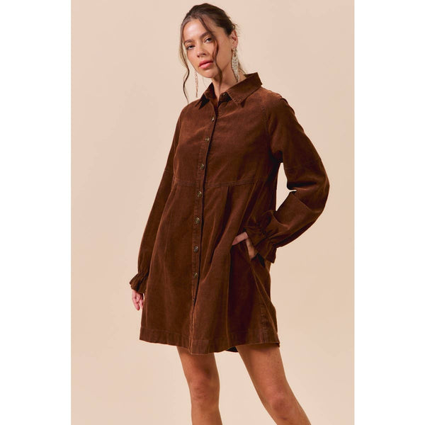 WASHED CORDUROY BUTTON DOWN SHIRT MINI DRESS: BROWN