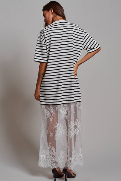 Mixed-Media T-Shirt Dress with Sheer Lace Skirt: Stripe
