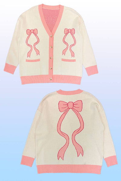 Varsity knit bow cardigan: Pink multi