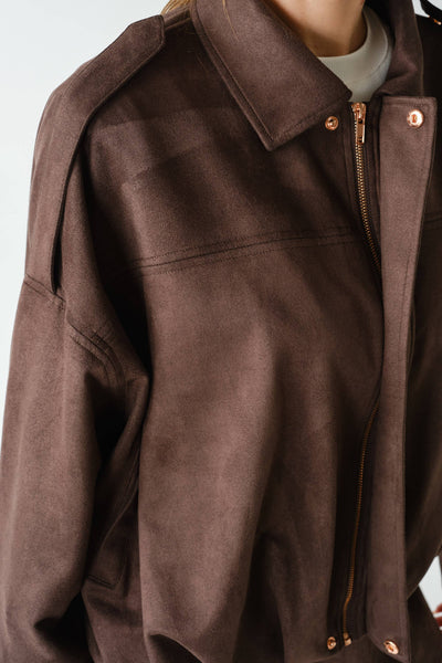 MOJAVE SUEDE-FINISH ZIP-FRONT JACKET: TRUFLE