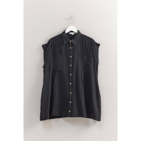 Double Gauze Button Front Tunic: BLACK