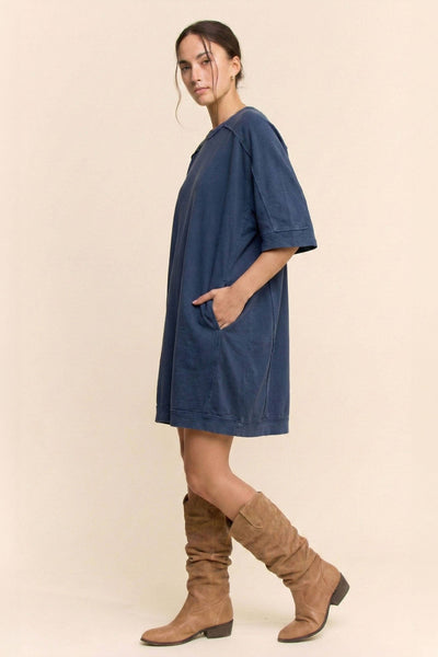 Garment-Dyed Exposed Seam Oversized Tee Dress: Indigo Navy