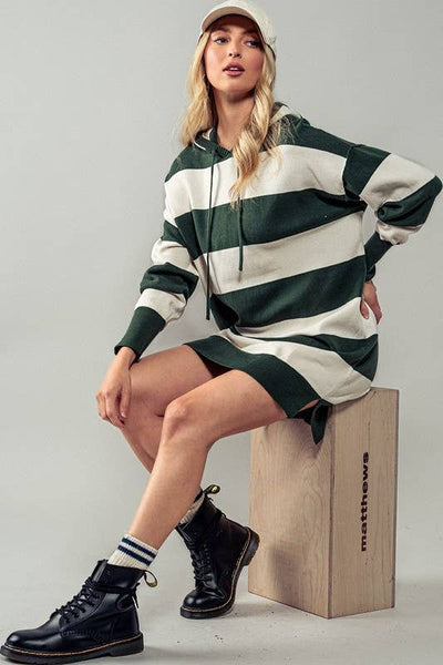 Snug and Striped Hooded Sweater Dress: CHARCOAL / S-2/M-2/L-2