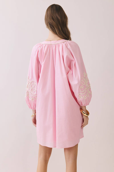 Embroidered Sleeve Baby Doll Button Down Mini Dress: BABY PINK