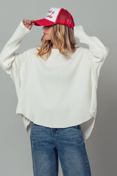 Oversized Waffle Knit High-Low Tunic Top: IVORY / S-M-L:2-2-2