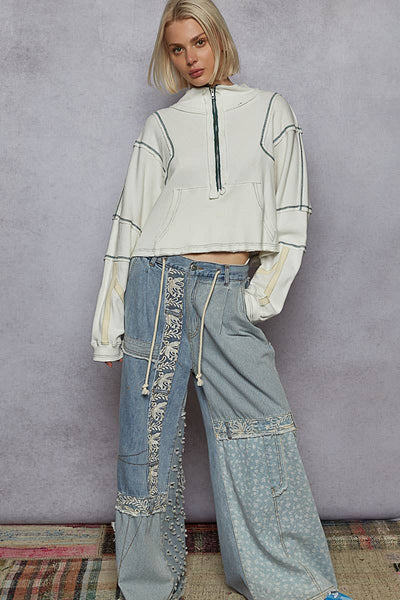 High neck zipper front long sleeve crop top