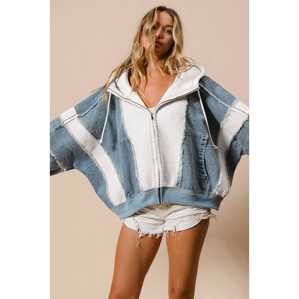 WASHED AND FLEECE MIX AND MATCH ZIP UP HOODIE: DENIM/IVORY