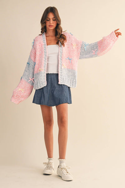 COLORBLOCK RIBBON DETAILED CHUNKY CARDIGAN: Pink