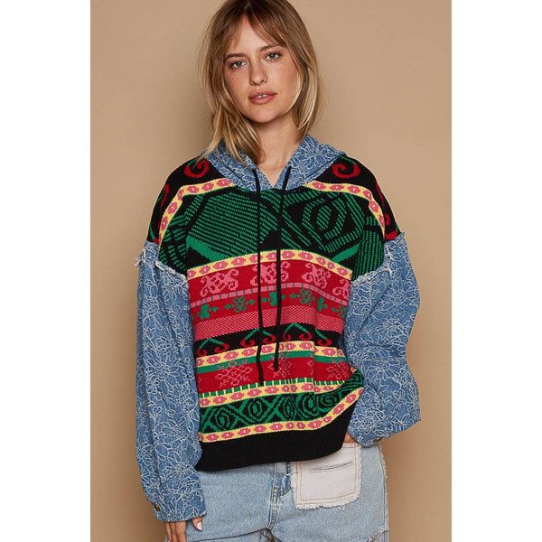 Embroidered patchwork denim sleeve sweater by pol