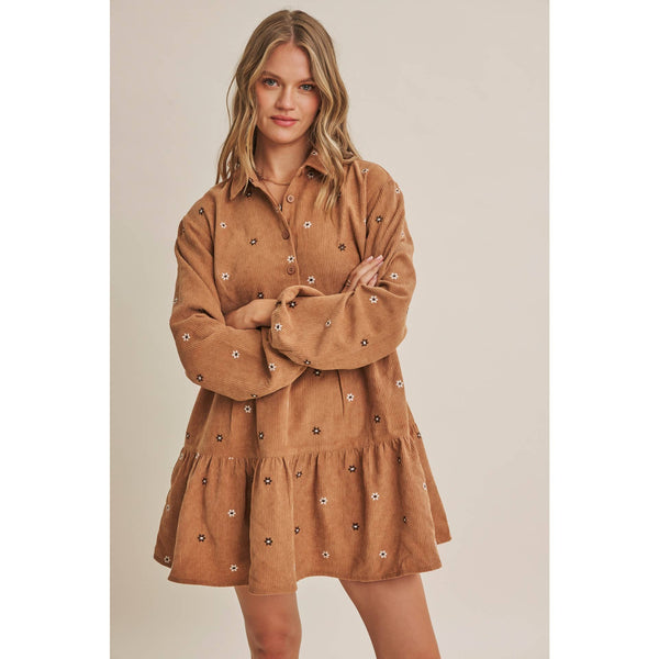 MEADOW MARKET ARTISAN DAISY EMBROIDERED CORDUROY MINI DRESS: OLIVE
