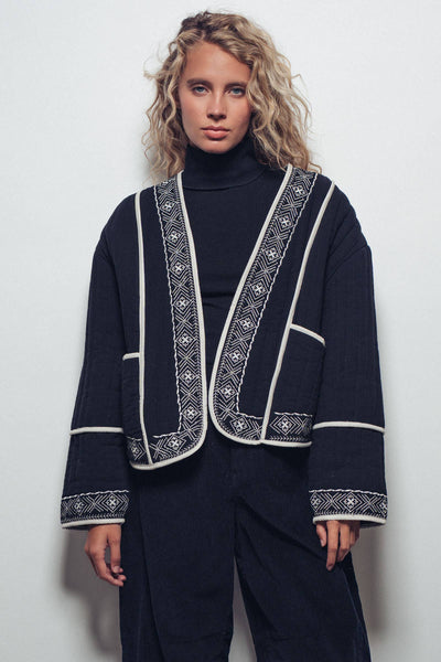 Boho Embroidered Quilted Western Cropped Jacket: BLACK IVORY / S-2/M-2/L-2