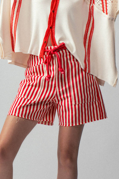 Striped High-Rise Denim Shorts: RED