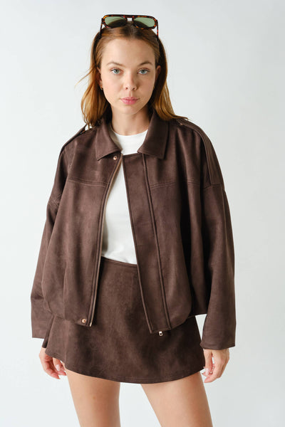 MOJAVE SUEDE-FINISH ZIP-FRONT JACKET: TRUFLE