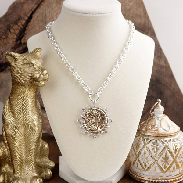 Radiant Relic – Coin Medallion Necklace with Crystal Halo: Gold Tone