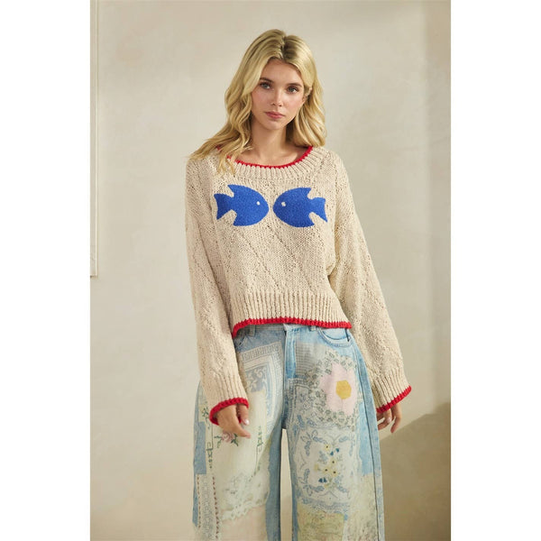 Printed Knitted Sweater: Ivory