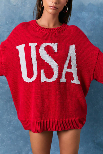 ROUND NECK OVERSIZED SWEATER TOP: RED-BABY BLUE / L