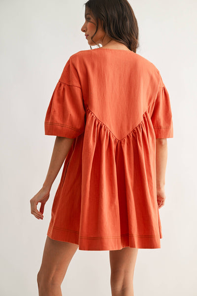 CJD26988 Embroidered Linen Tunic Dress: BURNT ORANGE / S-M-L (3-2-1)