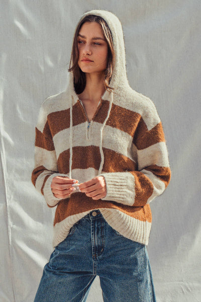 Striped Knit Hoodie – Half Zip, Relaxed Fit: IVORY CAMEL