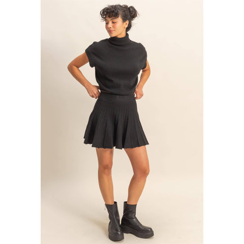 Turtleneck Top And Pleated Skirt Set: BLACK