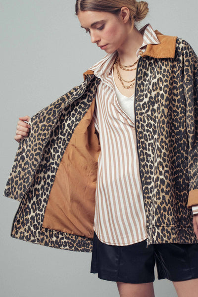 Corduroy Collar Leopard Print Jacket: LEOPARD