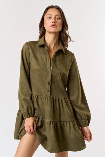 Button Up Tiered Babydoll Dress : Olive