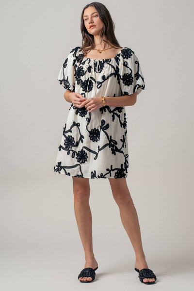 Floral Embroidery Off-Shoulder Puff Sleeve Mini Dres: IVORY / S-2/M-2/L-2
