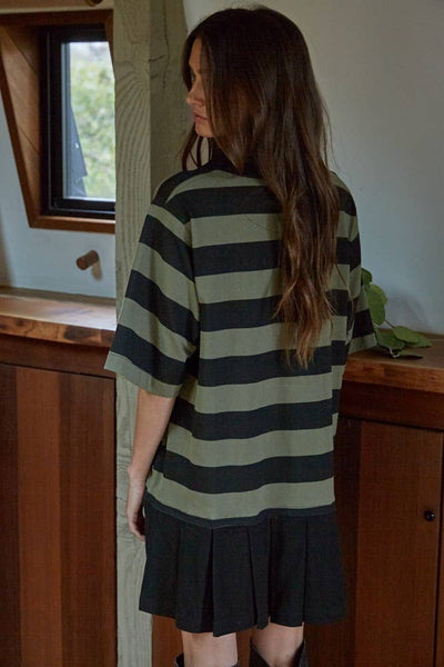 Knit Cotton Striped Collared Contrast Pleats Mini: Olive Black